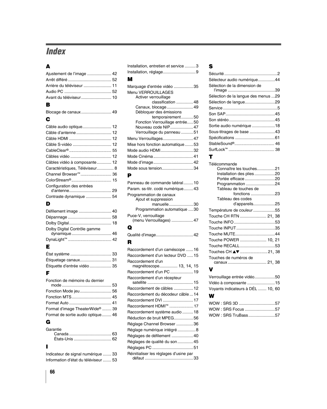 Toshiba 32HL17U, 32HL37U, 37HL17, 42HL17 manual Index, Canada États-Unis 