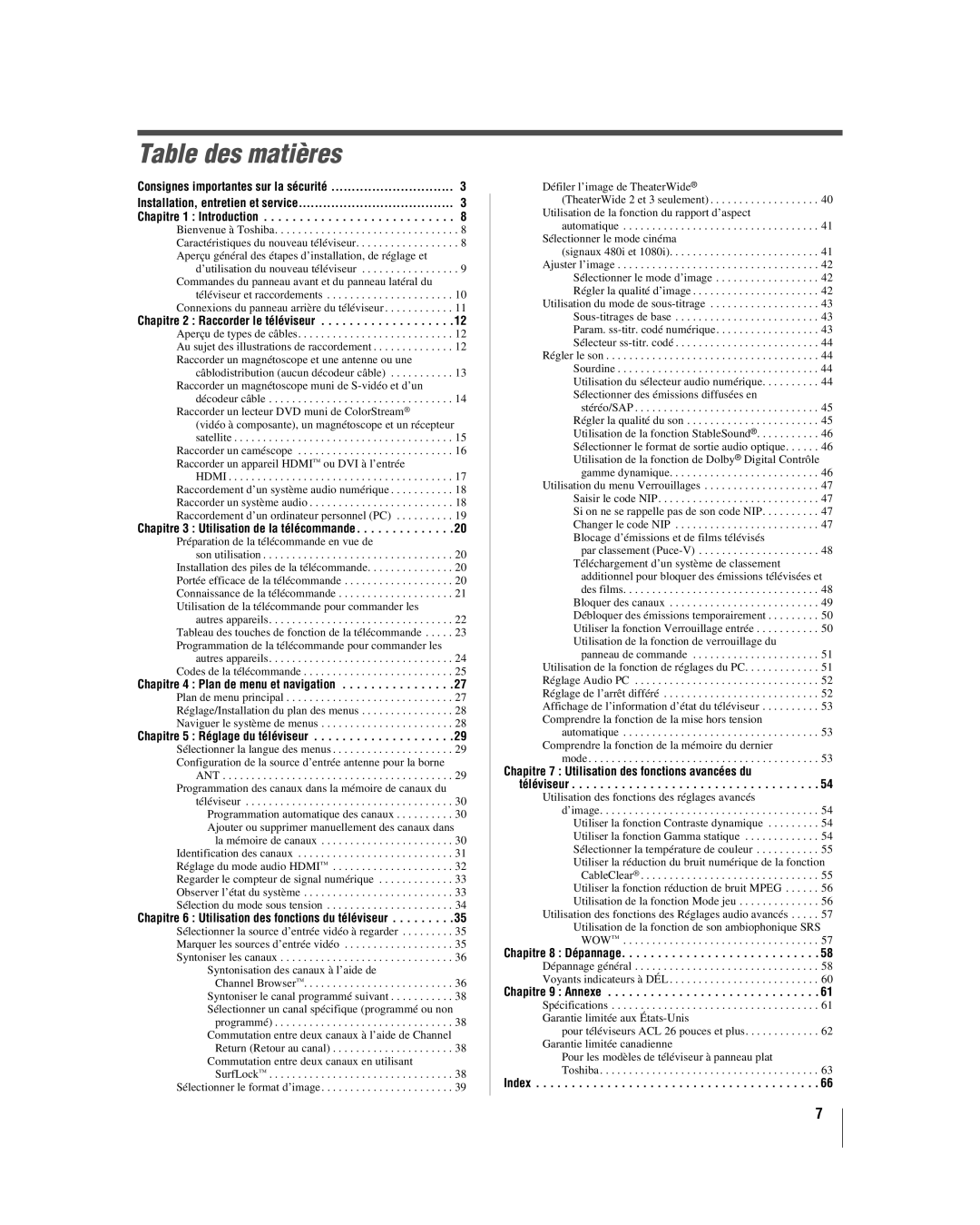 Toshiba 32HL37U, 32HL17U, 37HL17, 42HL17 manual Table des matières, Chapitre 2 Raccorder le téléviseur 