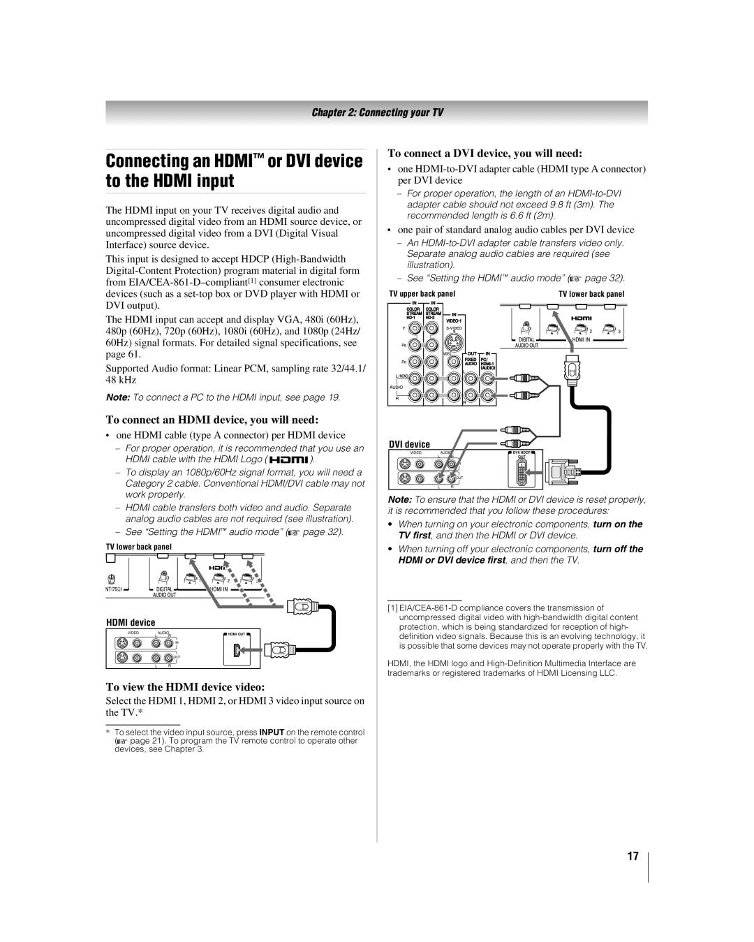 Toshiba 37HL67, 32HL67, 42HL67 Connecting an Hdmi or DVI device to the Hdmi input, To connect an Hdmi device, you will need 