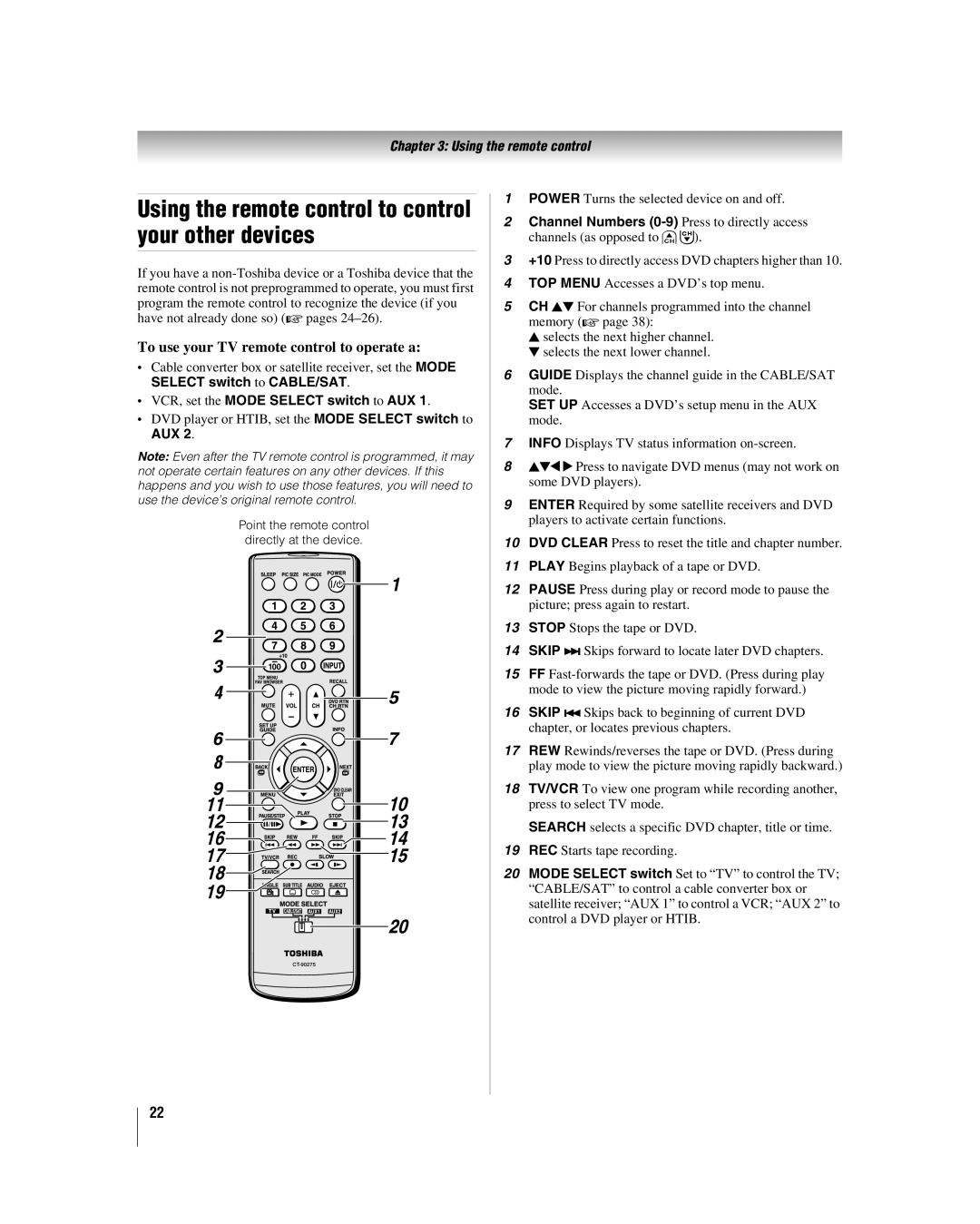 Toshiba 37HL67 Using the remote control to control your other devices, To use your TV remote control to operate a, Aux 