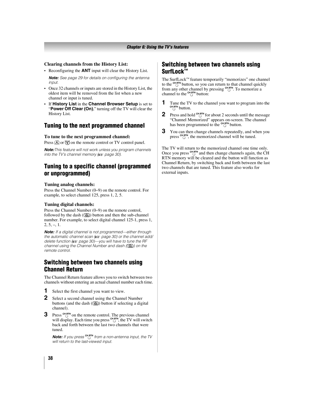 Toshiba 42HL67 Tuning to a specific channel programmed or unprogrammed, Switching between two channels using SurfLock 