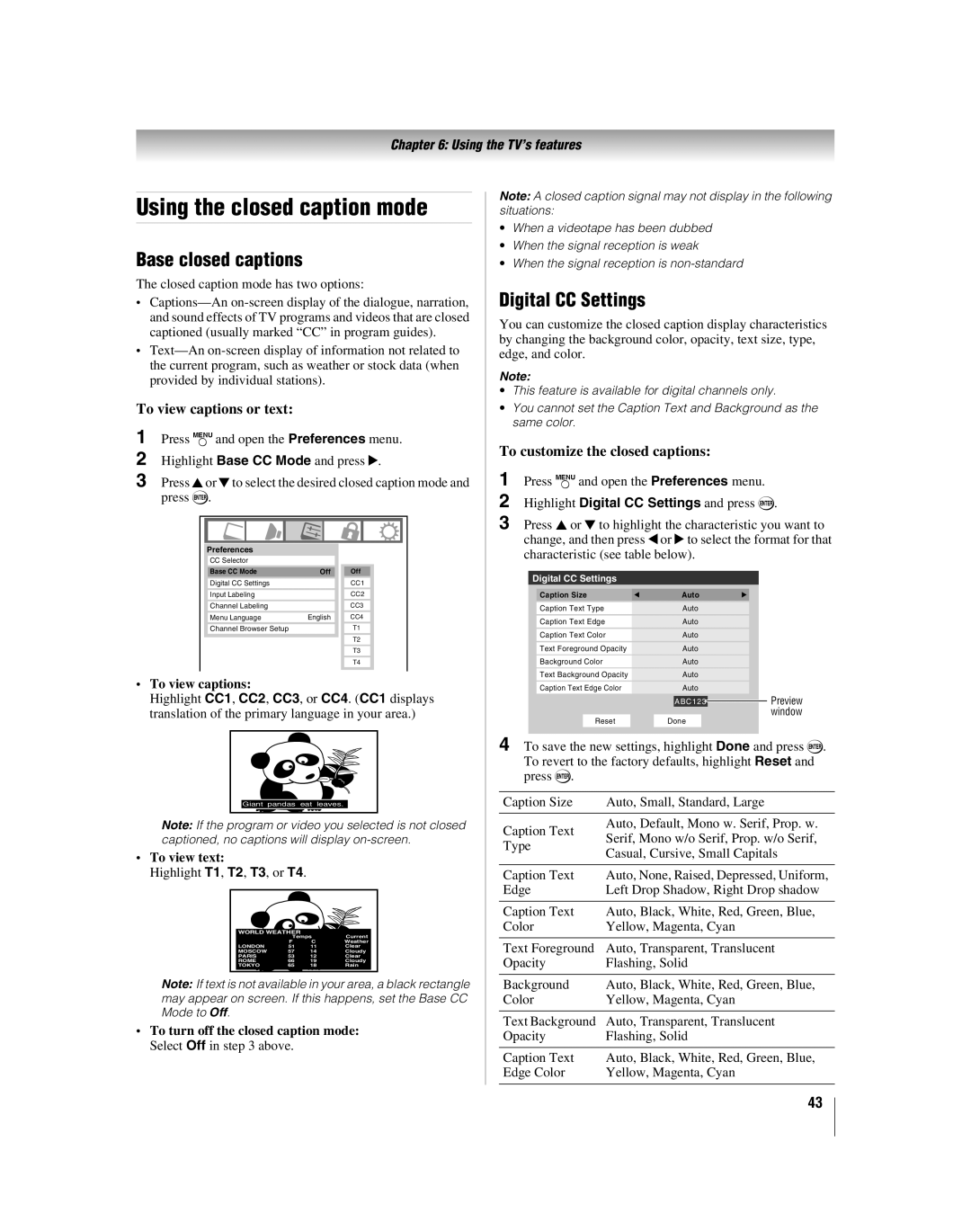 Toshiba 42HL67, 32HL67 Using the closed caption mode, Base closed captions, Digital CC Settings, To view captions or text 