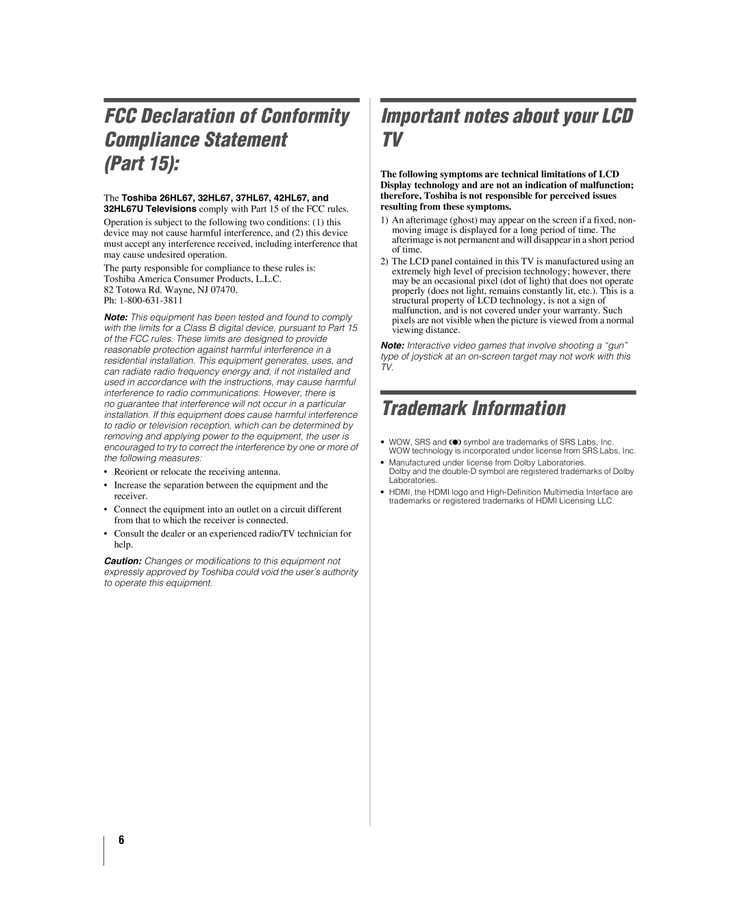 Toshiba 32HL67U, 37HL67, 42HL67, 26HL67 manual Part, Important notes about your LCD TV, Trademark Information 