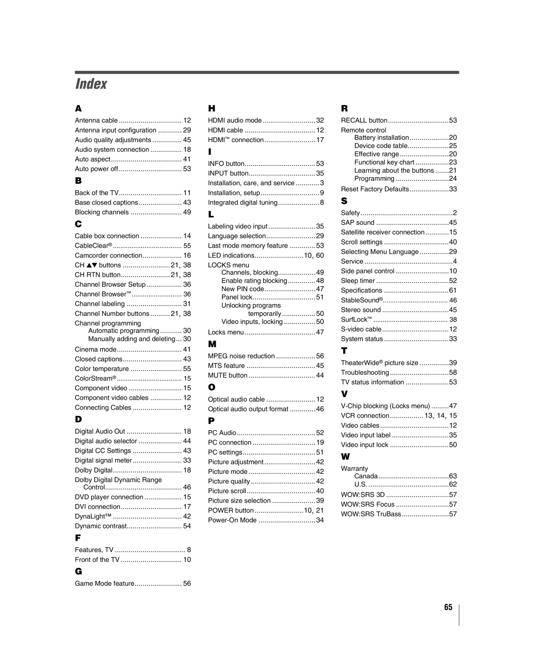 Toshiba 32HL67U, 37HL67, 42HL67, 26HL67 manual Index, 13, 14 