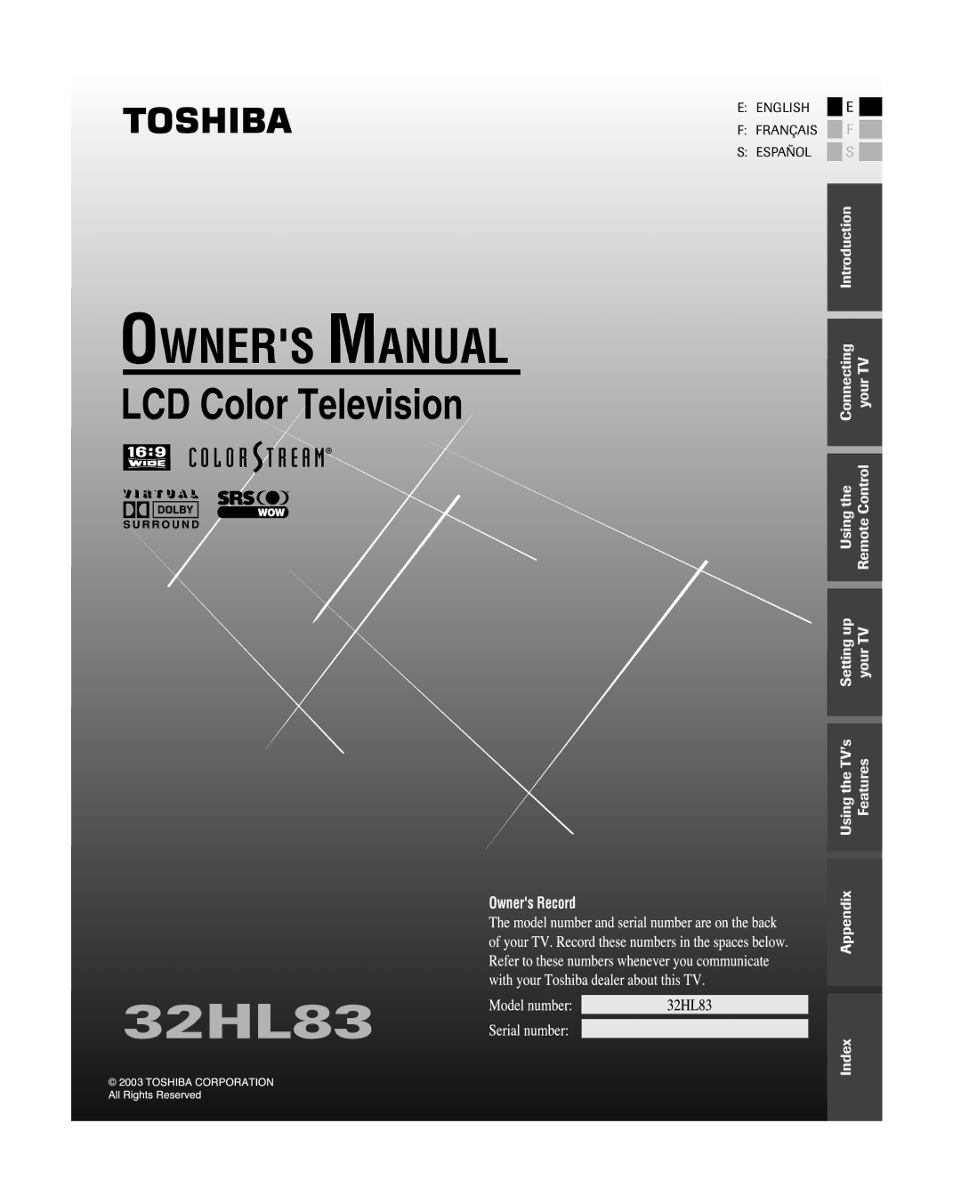 Toshiba 32HL83 owner manual 