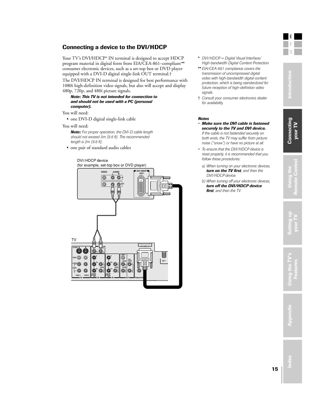 Toshiba 32HL83 owner manual Connecting a device to the DVI/HDCP, DVI/HDCP device For example, set-top box or DVD player 