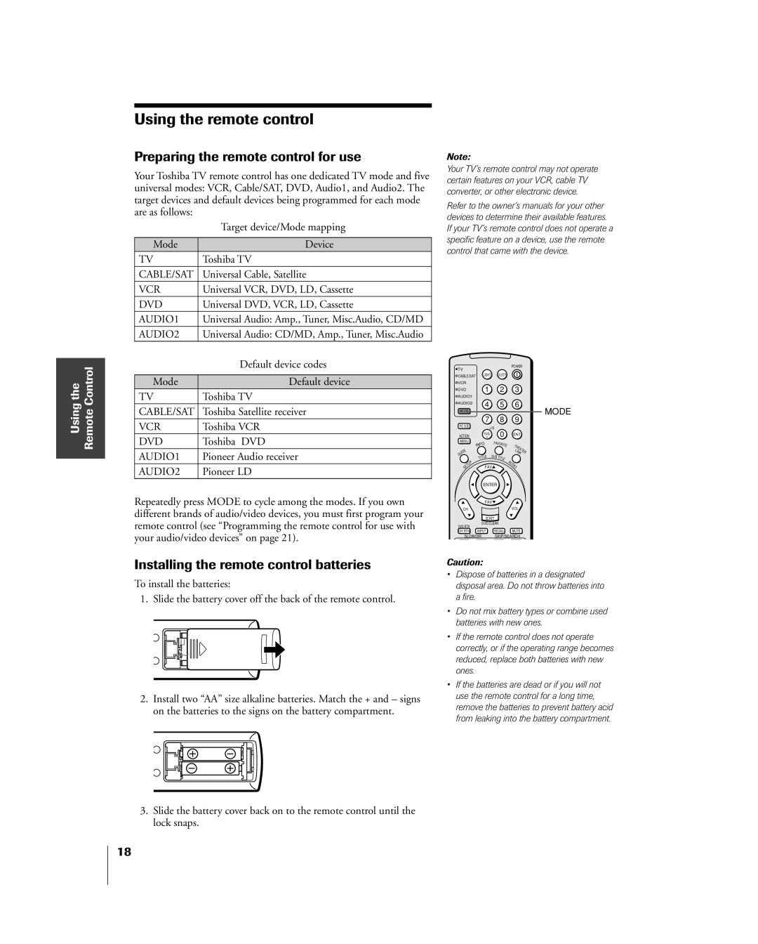 Toshiba 32HL83 owner manual Preparing the remote control for use, Installing the remote control batteries 