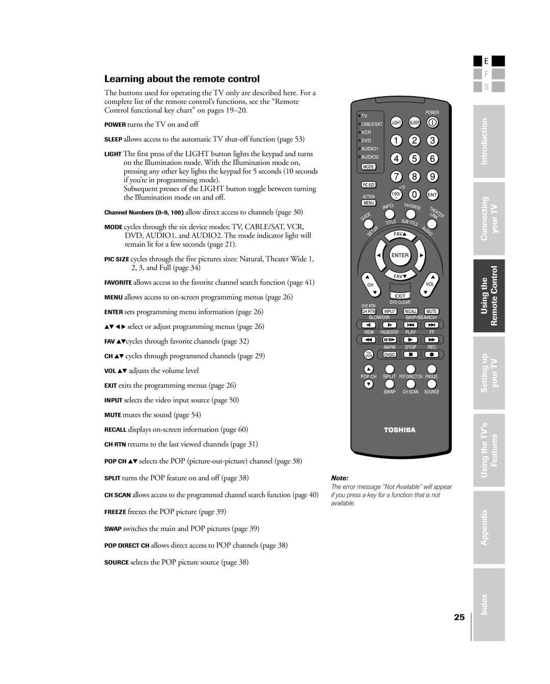 Toshiba 32HL83 owner manual Learning about the remote control 