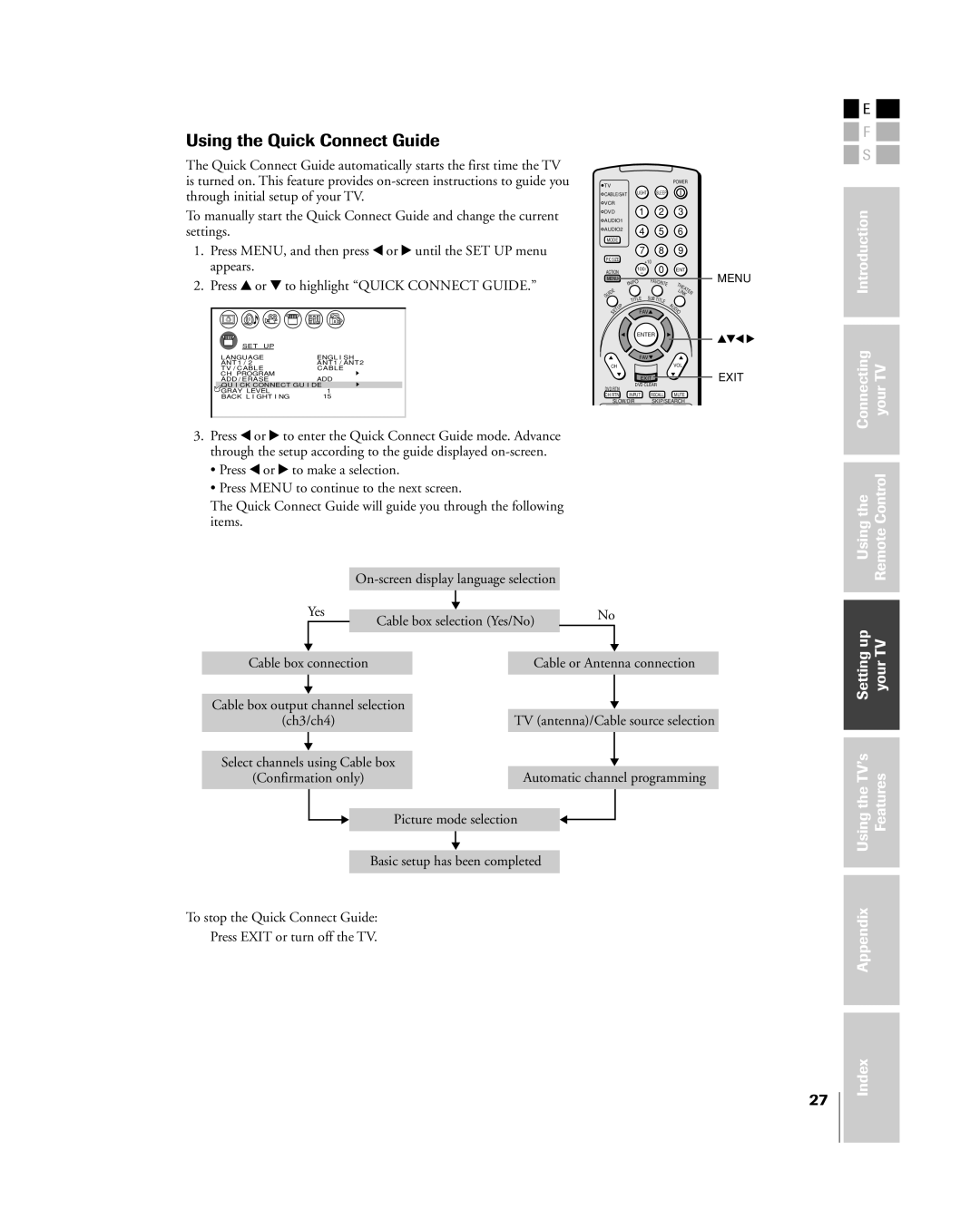 Toshiba 32HL83 Using the Quick Connect Guide, Cable box output channel selection, Select channels using Cable box 