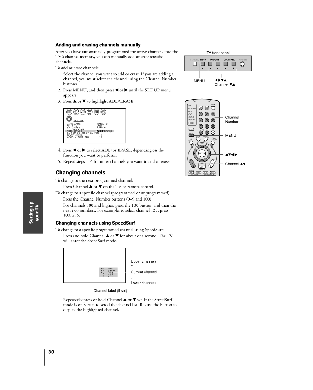 Toshiba 32HL83 owner manual Adding and erasing channels manually, Changing channels using SpeedSurf 