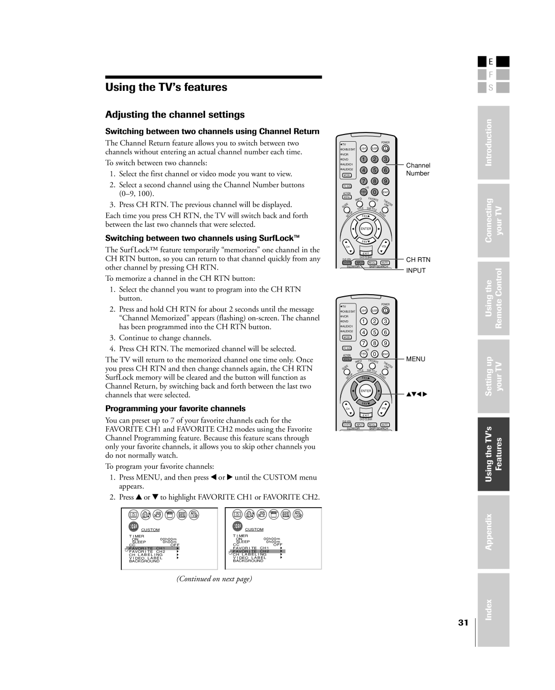 Toshiba 32HL83 owner manual Adjusting the channel settings, Switching between two channels using Channel Return 