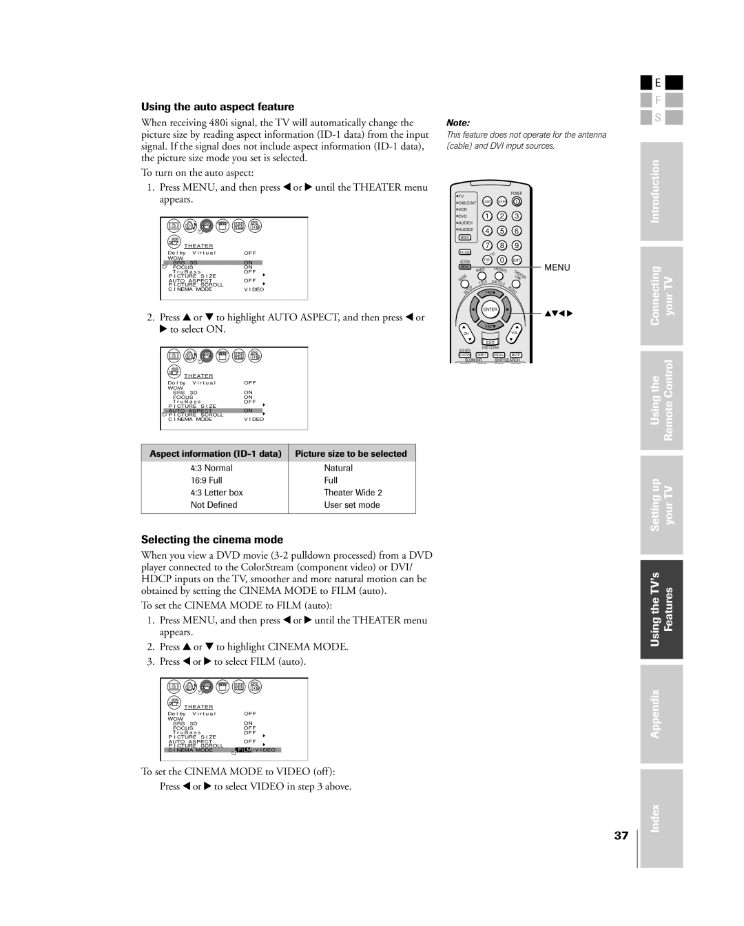 Toshiba 32HL83 owner manual Using the auto aspect feature, Selecting the cinema mode 