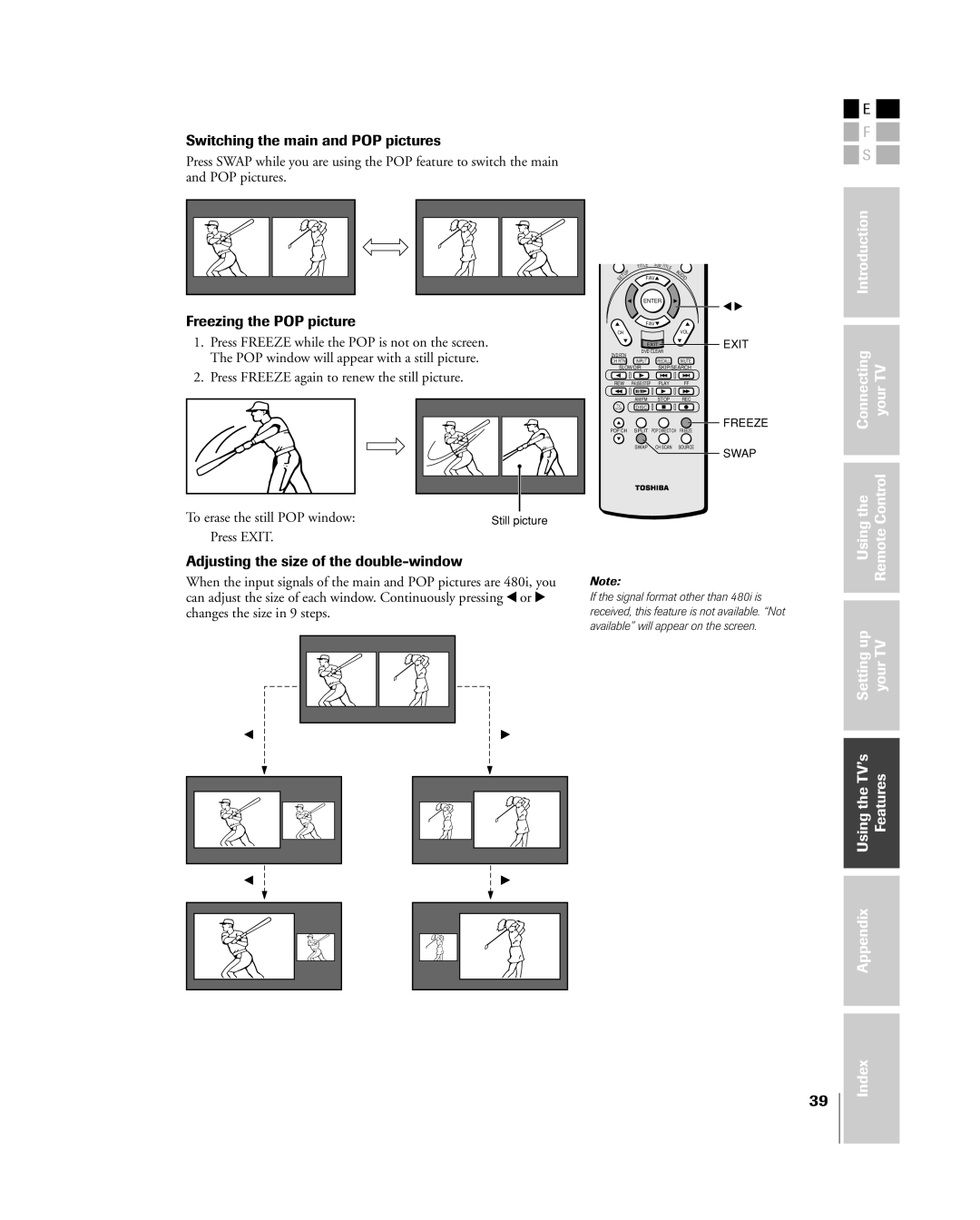 Toshiba 32HL83 Switching the main and POP pictures, Freezing the POP picture, Adjusting the size of the double-window 