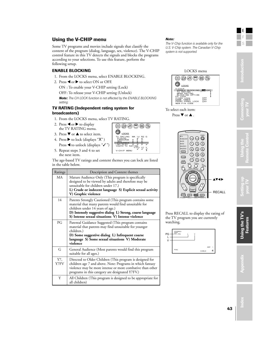 Toshiba 32HL83 owner manual Using the V-CHIP menu, TV Rating Independent rating system for broadcasters 