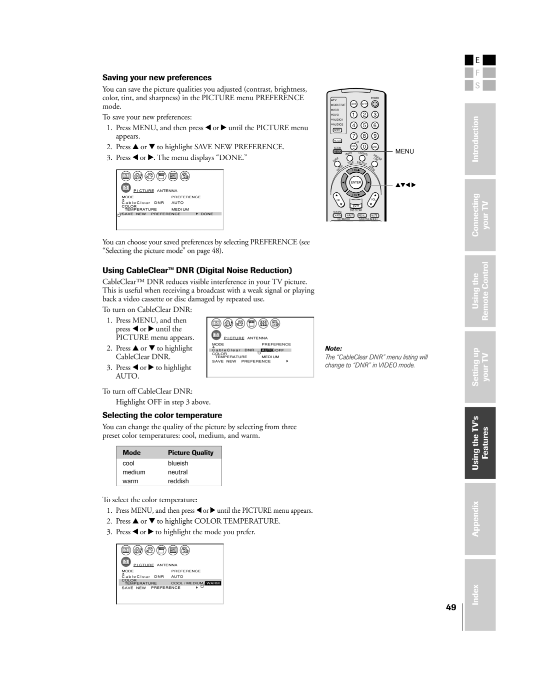 Toshiba 32HL83 Saving your new preferences, Using CableClearª DNR Digital Noise Reduction, Selecting the color temperature 