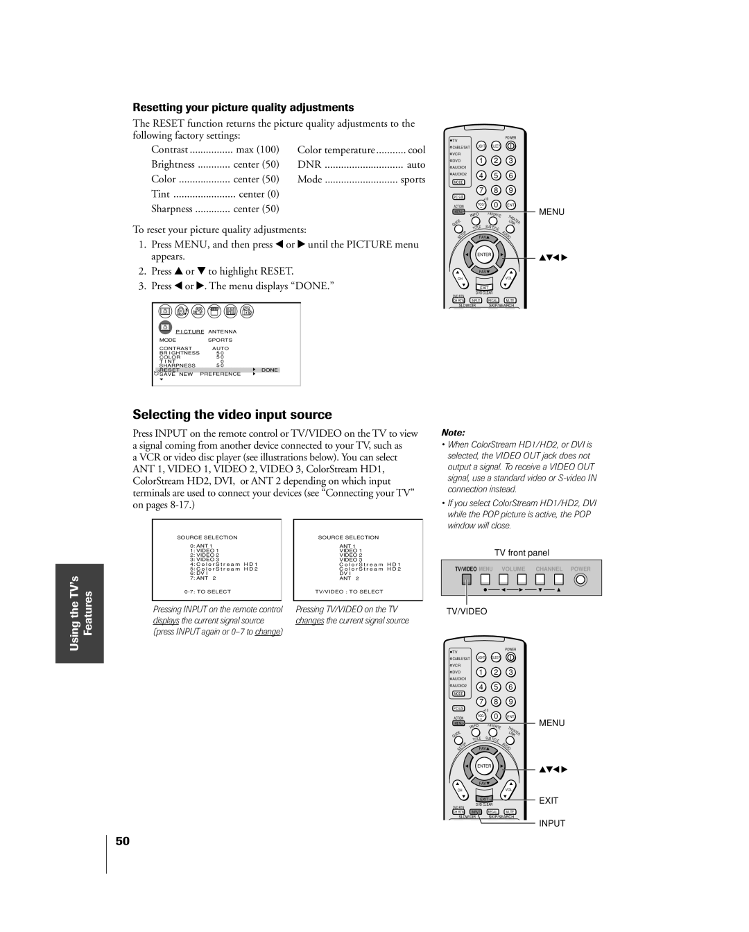 Toshiba 32HL83 owner manual Selecting the video input source, Resetting your picture quality adjustments 