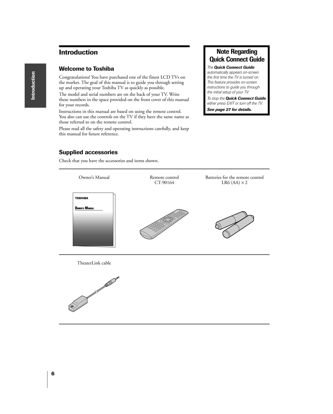 Toshiba 32HL83 owner manual Welcome to Toshiba, Supplied accessories, TheaterLink cable 