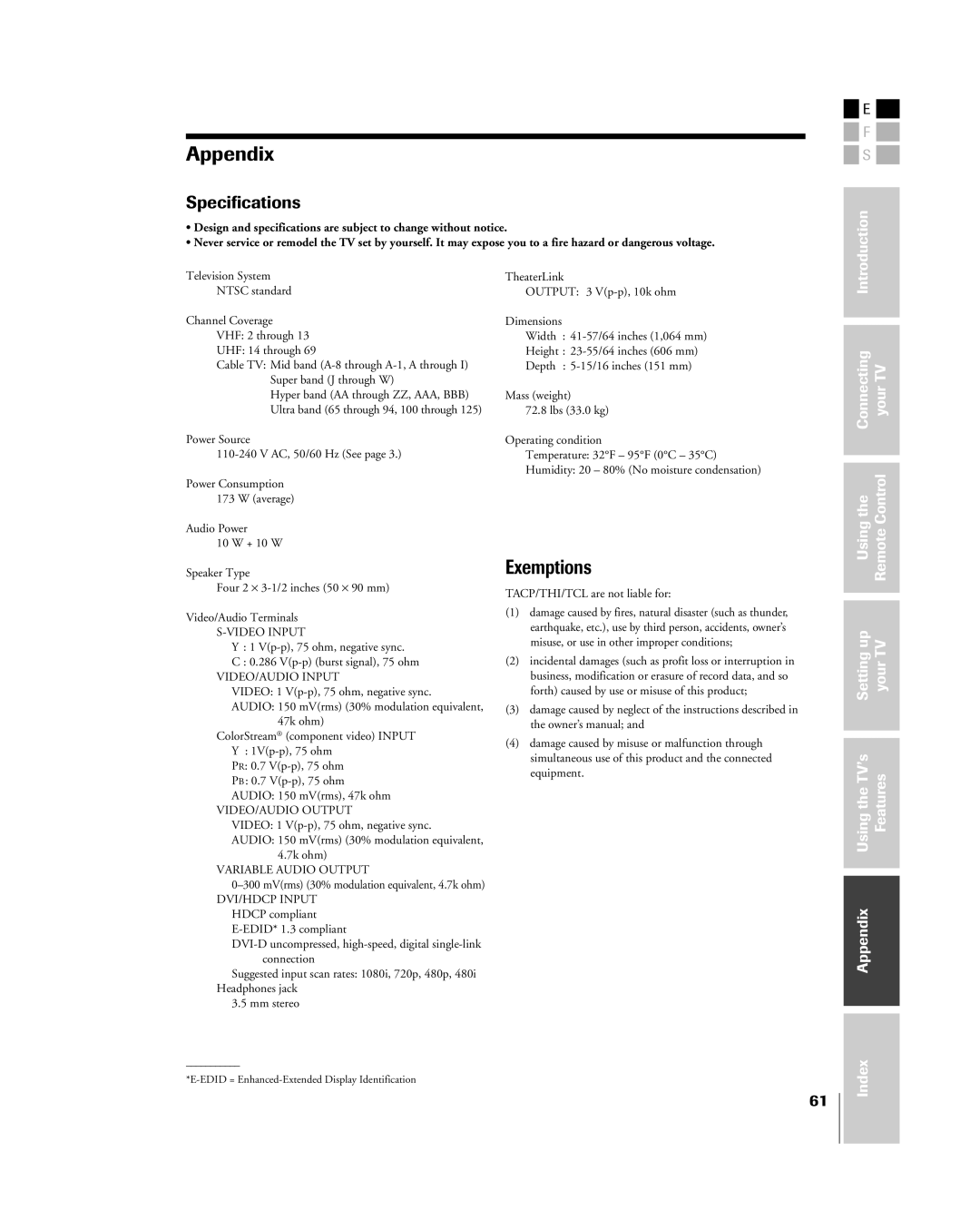 Toshiba 32HL83 owner manual Appendix, Specifications 