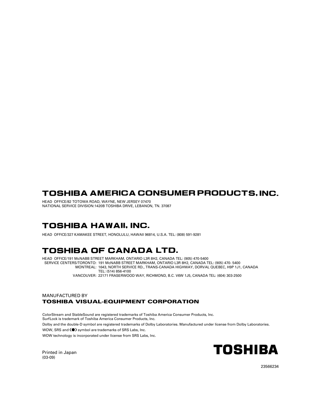 Toshiba 32HL83 owner manual Toshiba VISUAL-EQUIPMENT Corporation 