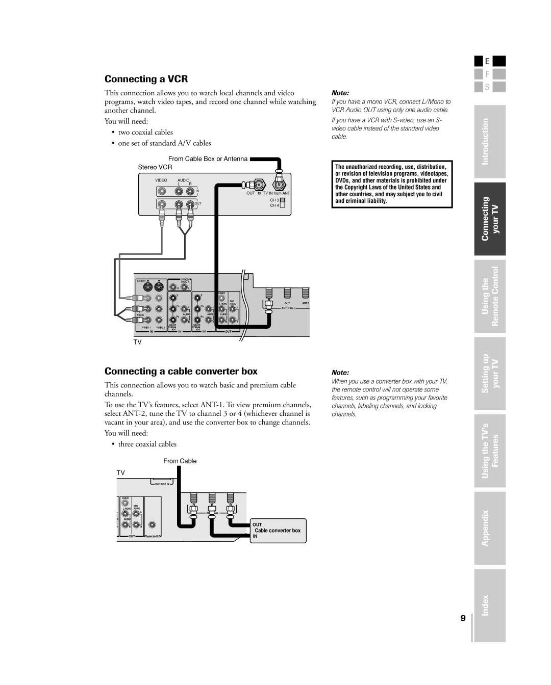 Toshiba 32HL83 owner manual Connecting a VCR, Connecting a cable converter box 