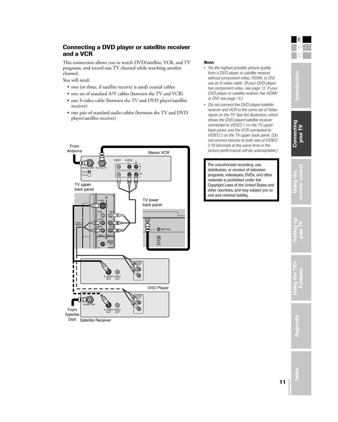 Toshiba 32HL85 owner manual Connecting a DVD player or satellite receiver and a VCR 