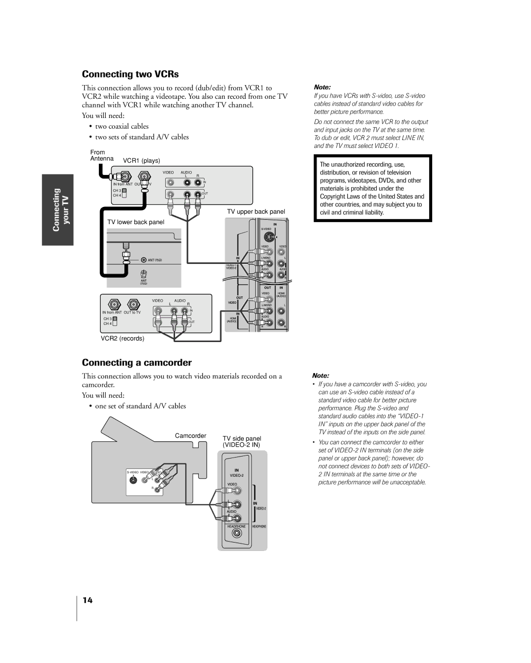 Toshiba 32HL85 owner manual Connecting two VCRs, Connecting a camcorder 