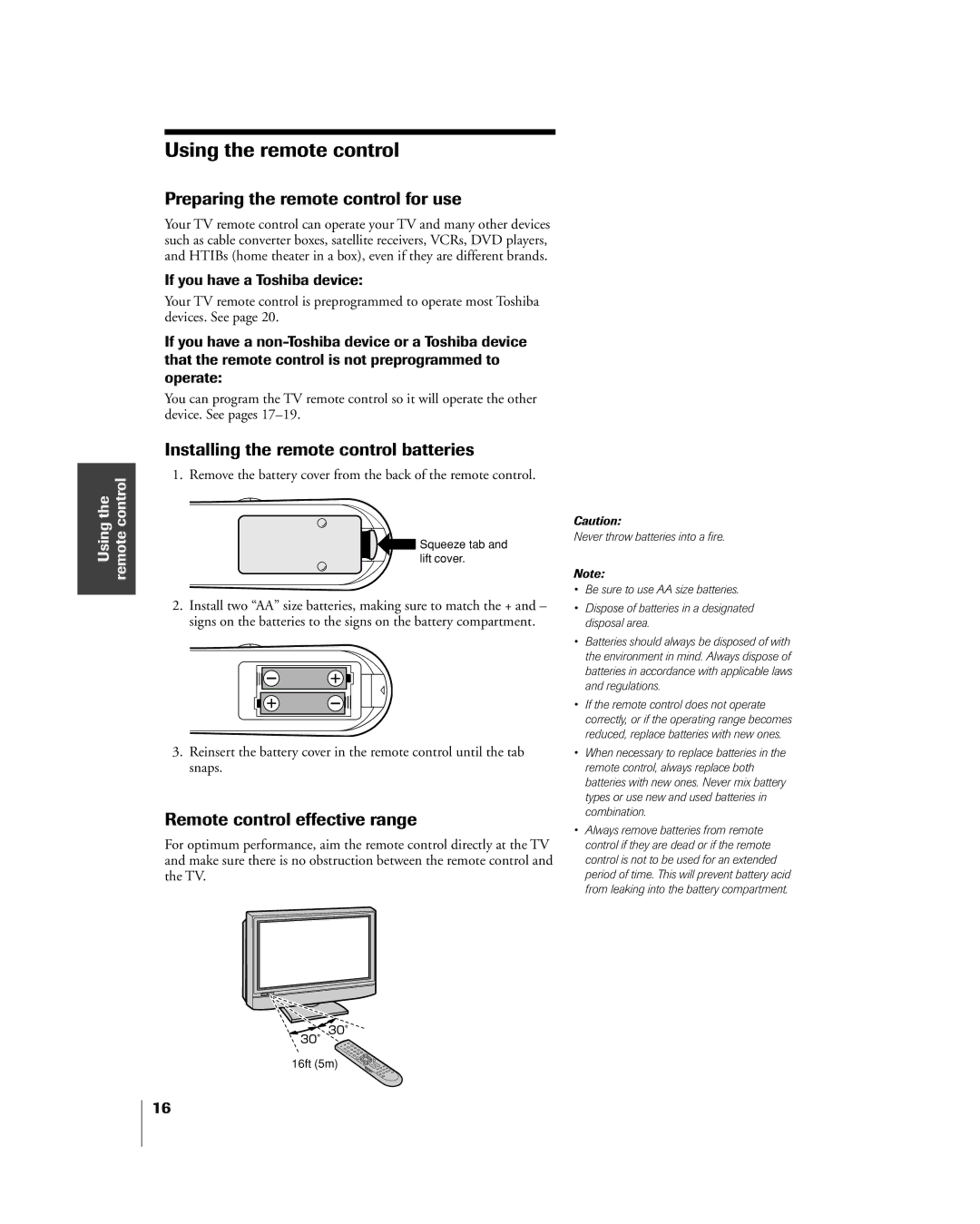 Toshiba 32HL85 Using the remote control, Preparing the remote control for use, Installing the remote control batteries 