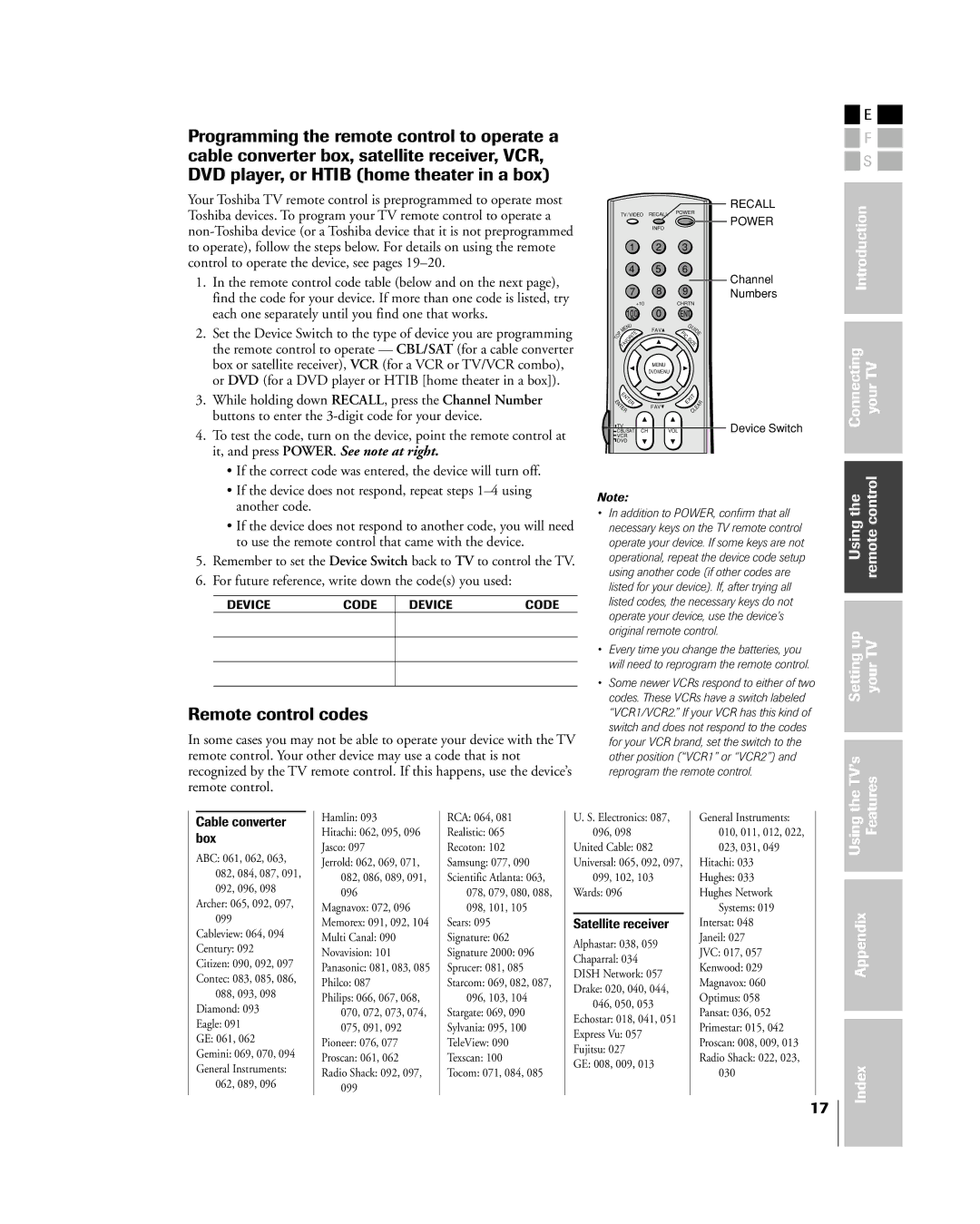 Toshiba 32HL85 owner manual Remote control codes, For future reference, write down the codes you used 