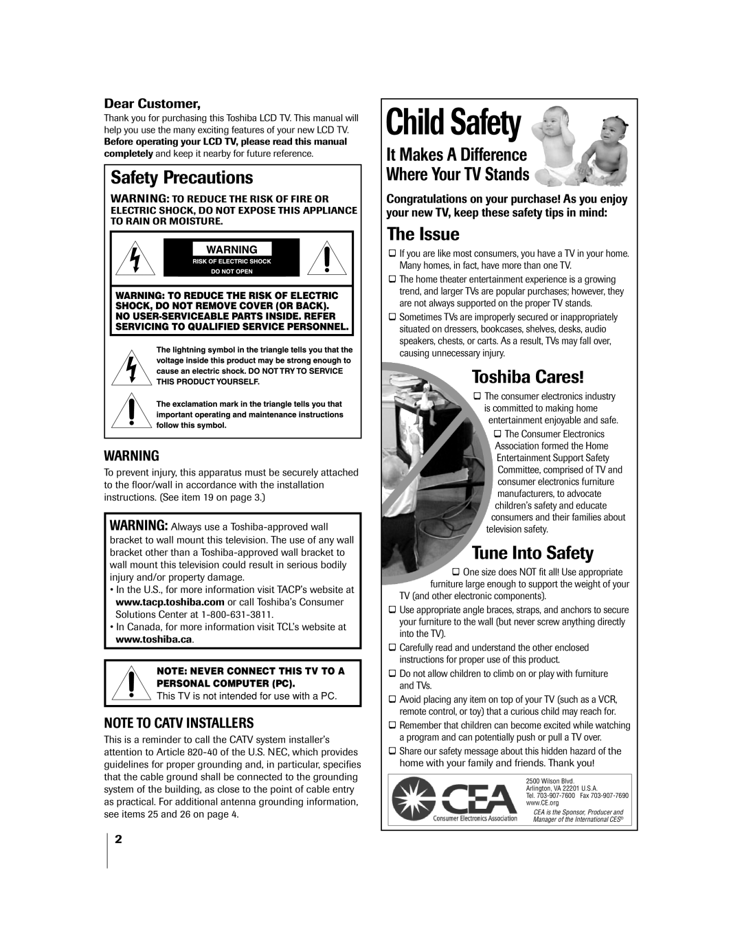 Toshiba 32HL85 owner manual Safety Precautions, Dear Customer 