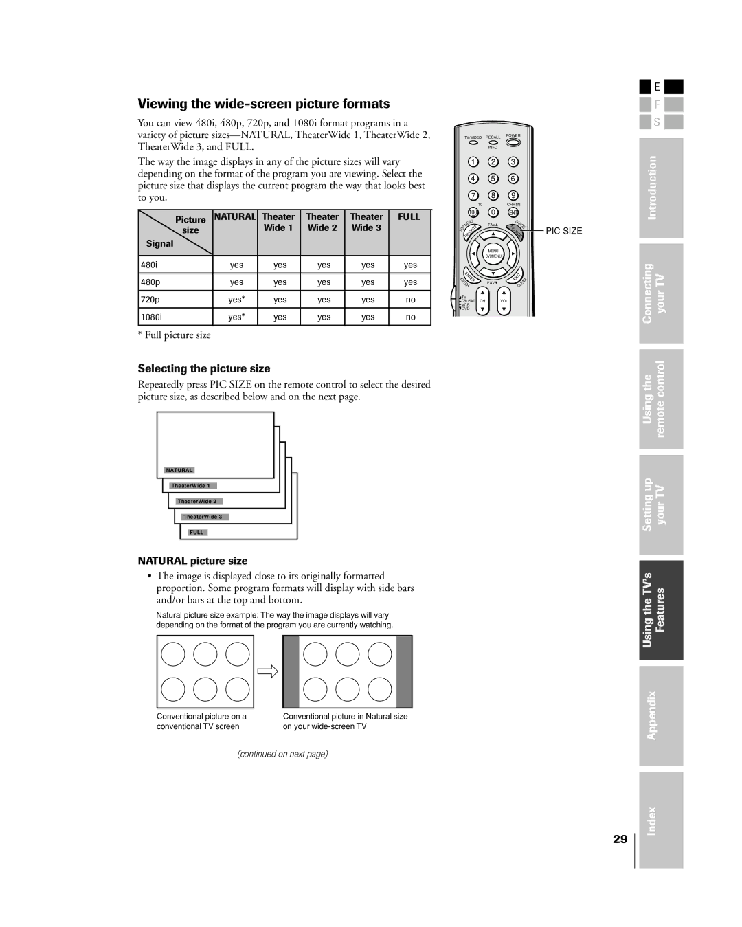 Toshiba 32HL85 owner manual Viewing the wide-screen picture formats, Selecting the picture size, Full picture size 