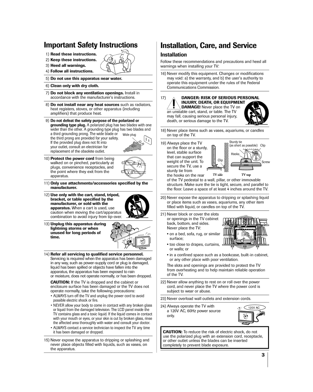 Toshiba 32HL85 owner manual Important Safety Instructions, Installation 