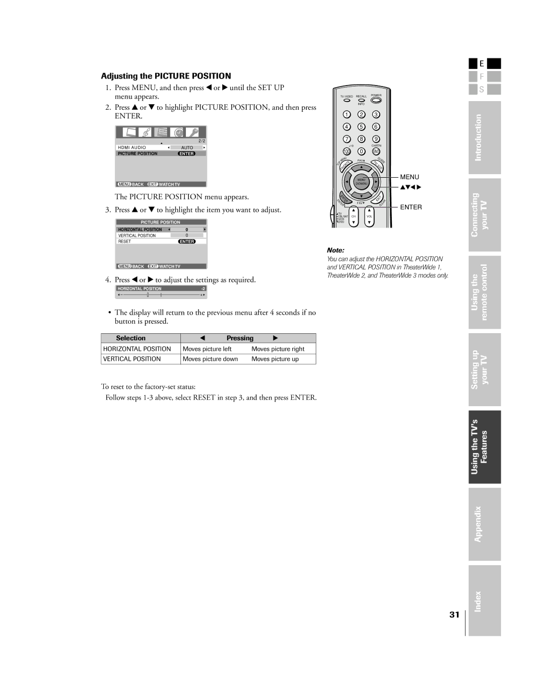 Toshiba 32HL85 owner manual Adjusting the Picture Position, Press MENU, and then press x or until the SET UP, Menu appears 