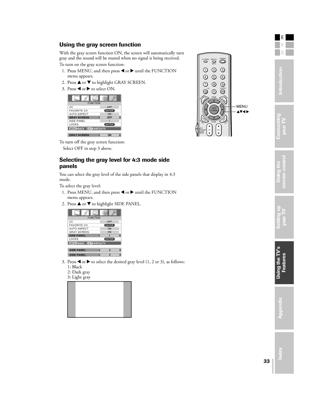 Toshiba 32HL85 owner manual Using the gray screen function, Selecting the gray level for 43 mode side panels 