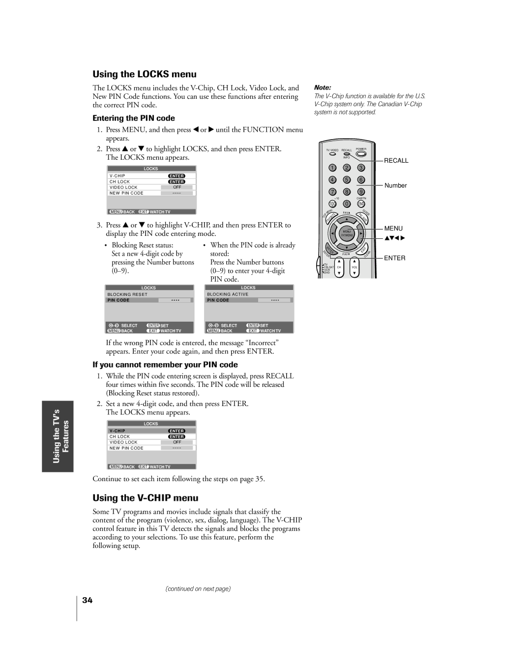 Toshiba 32HL85 Using the Locks menu, Using the V-CHIP menu, Entering the PIN code, If you cannot remember your PIN code 