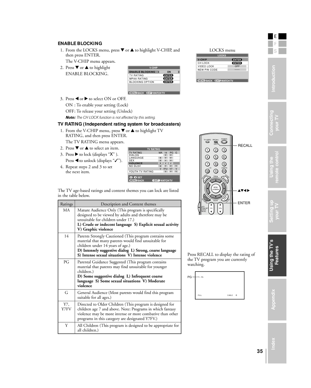 Toshiba 32HL85 owner manual TV Rating Independent rating system for broadcasters, OFF To release your setting Unlock 