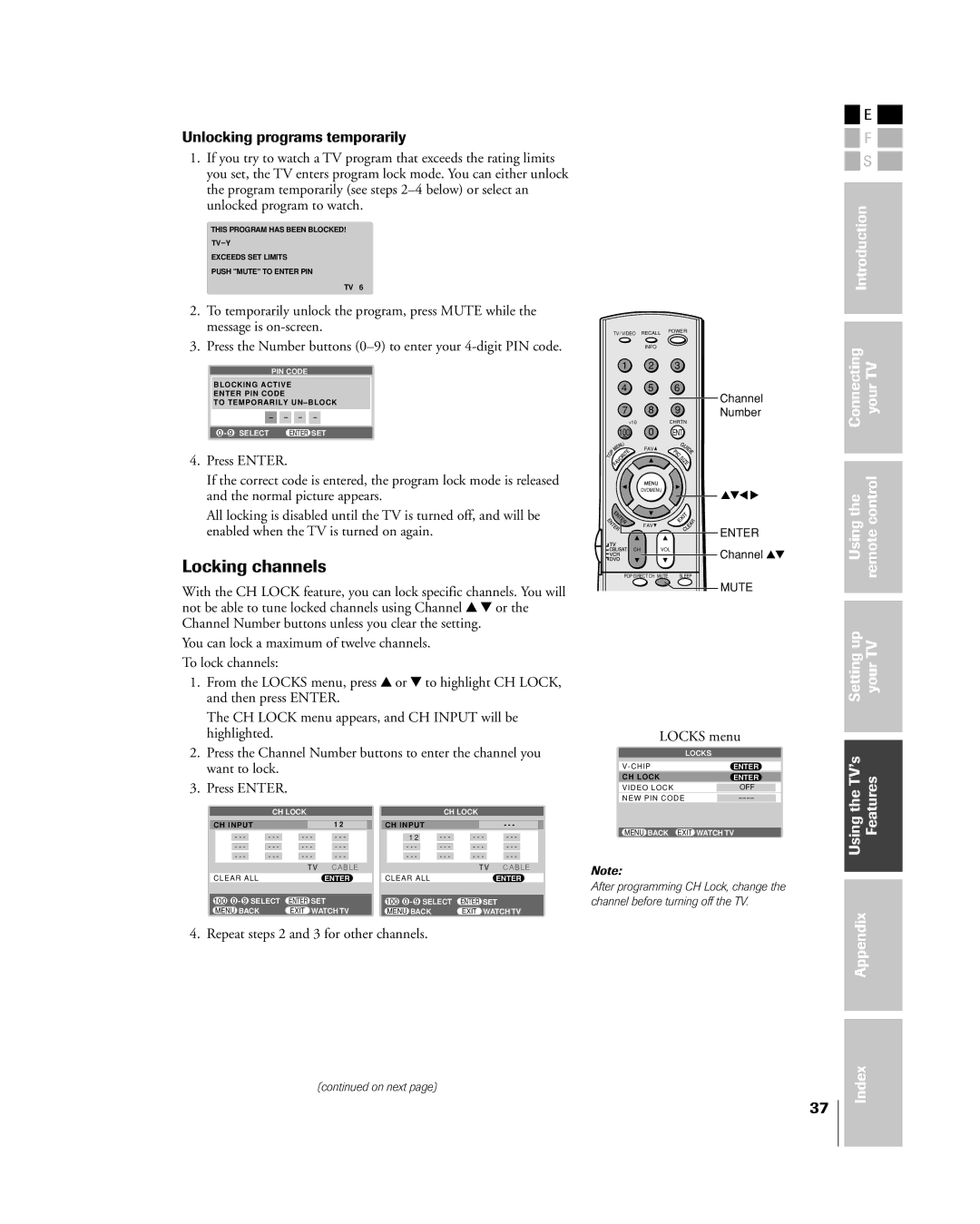 Toshiba 32HL85 owner manual Locking channels, Unlocking programs temporarily, Repeat steps 2 and 3 for other channels 