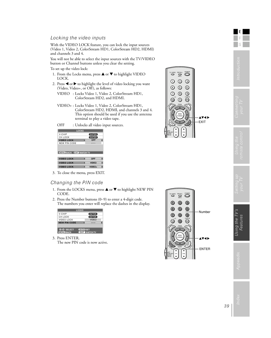 Toshiba 32HL85 owner manual Locking the video inputs, Changing the PIN code 