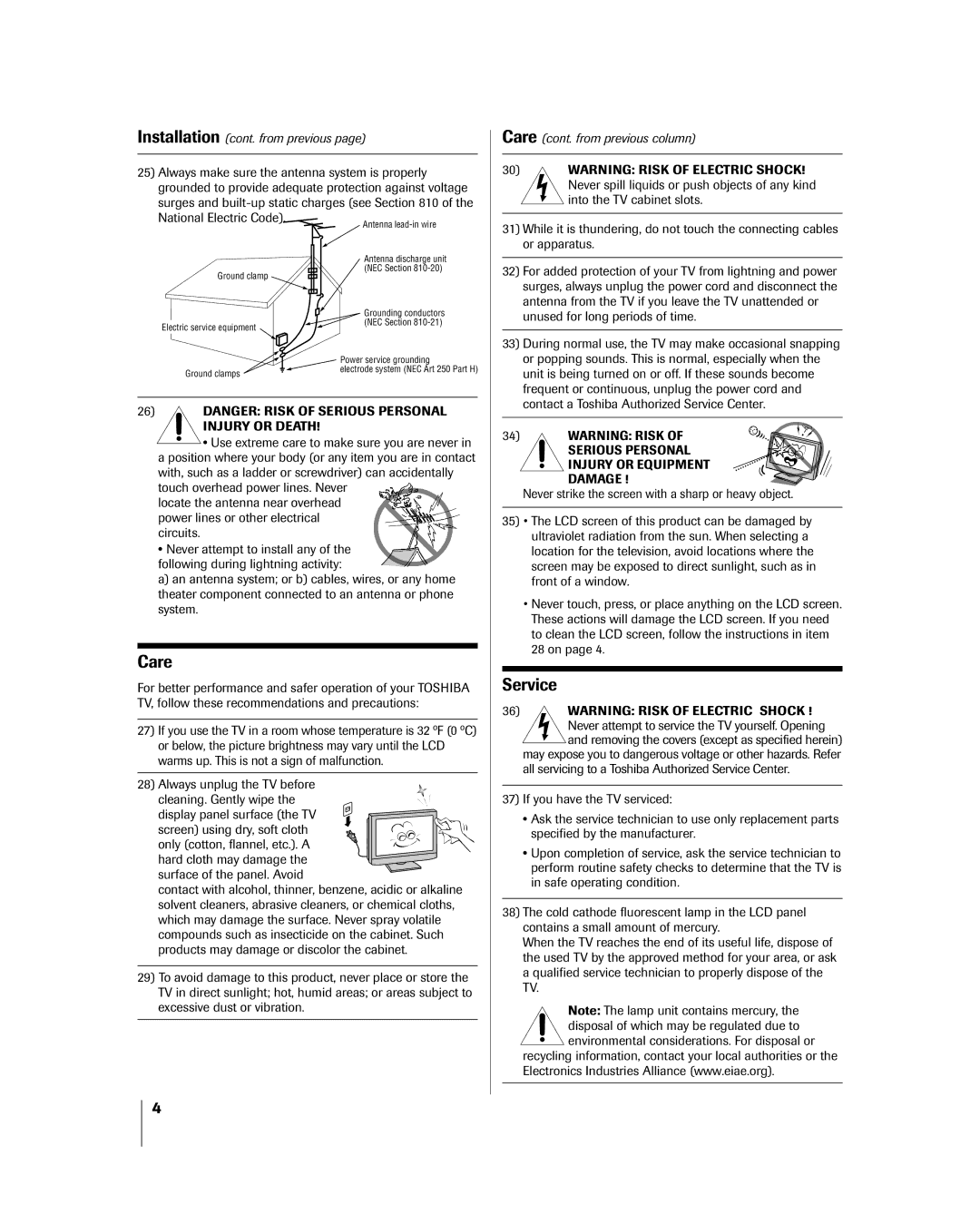 Toshiba 32HL85 owner manual Service, Care cont. from previous column 