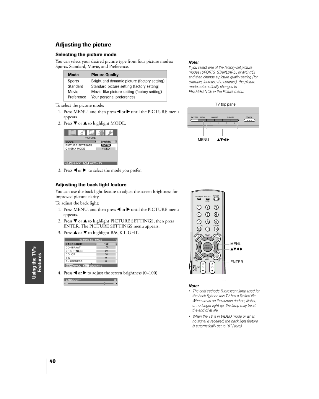 Toshiba 32HL85 owner manual Adjusting the picture, Selecting the picture mode, Adjusting the back light feature 