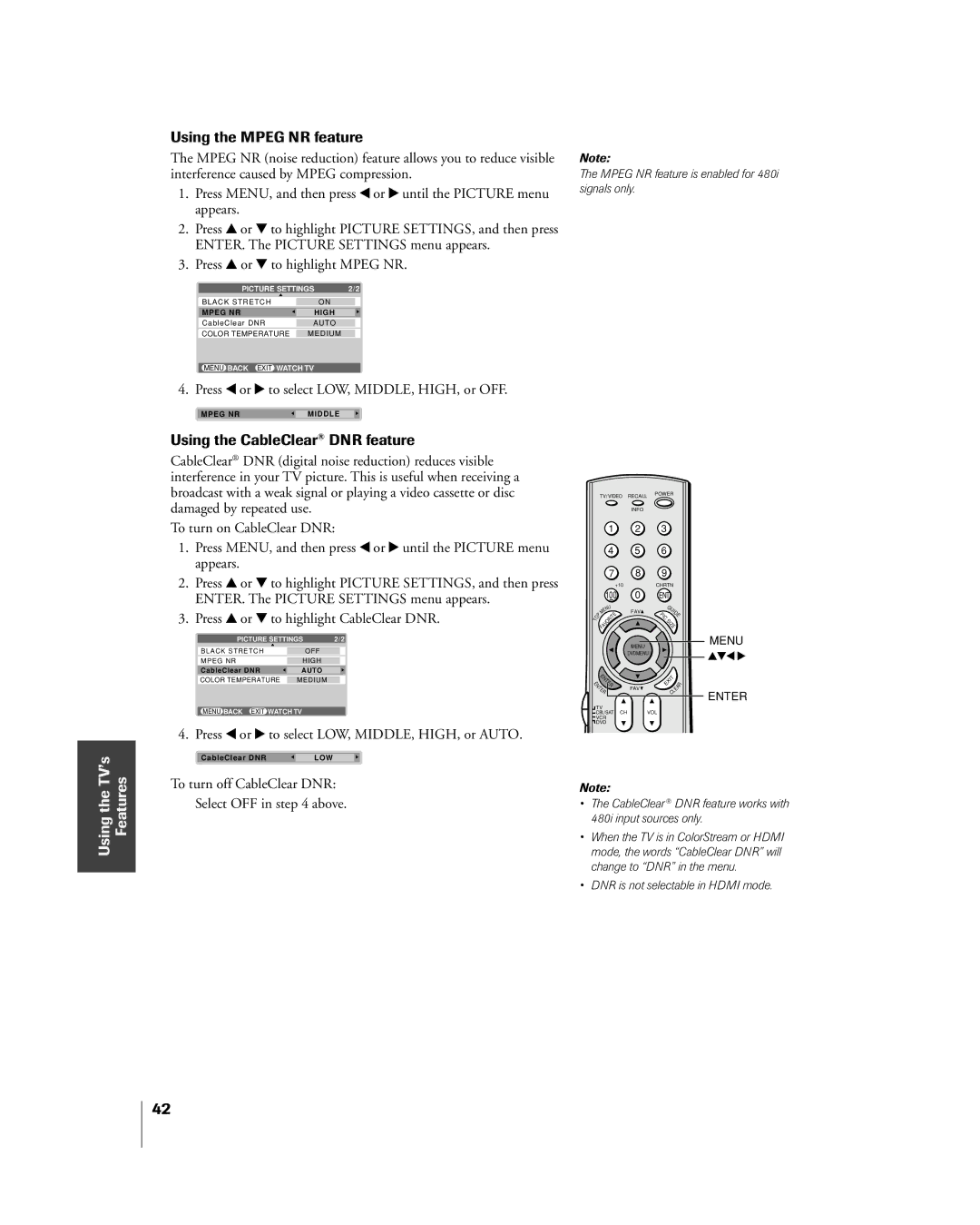 Toshiba 32HL85 owner manual Using the Mpeg NR feature, Using the CableClear¨ DNR feature 