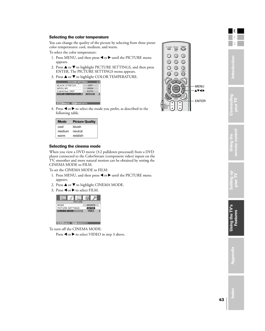 Toshiba 32HL85 owner manual Selecting the color temperature, Selecting the cinema mode 