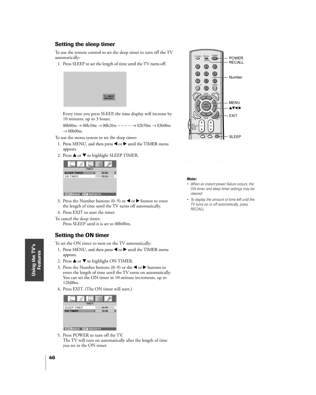 Toshiba 32HL85 owner manual Setting the sleep timer, Setting the on timer 