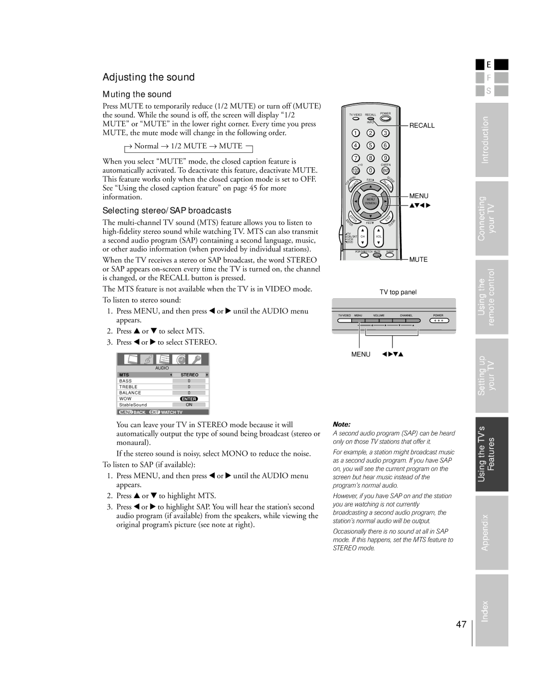 Toshiba 32HL85 owner manual Adjusting the sound, Muting the sound, Selecting stereo/SAP broadcasts 