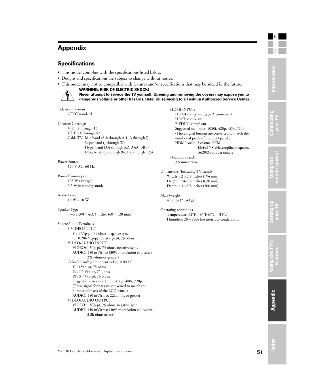 Toshiba 32HL85 owner manual Appendix, Specifications 