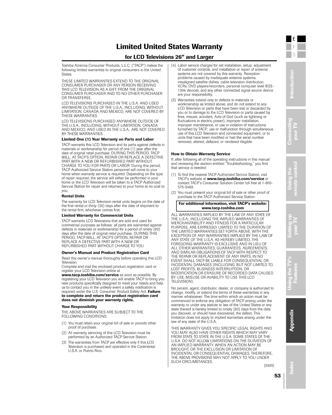 Toshiba 32HL85 owner manual Limited United States Warranty 