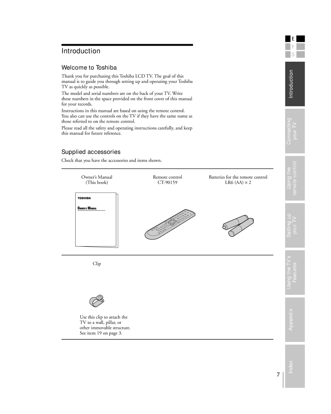 Toshiba 32HL85 Introduction, Welcome to Toshiba, Supplied accessories, Check that you have the accessories and items shown 