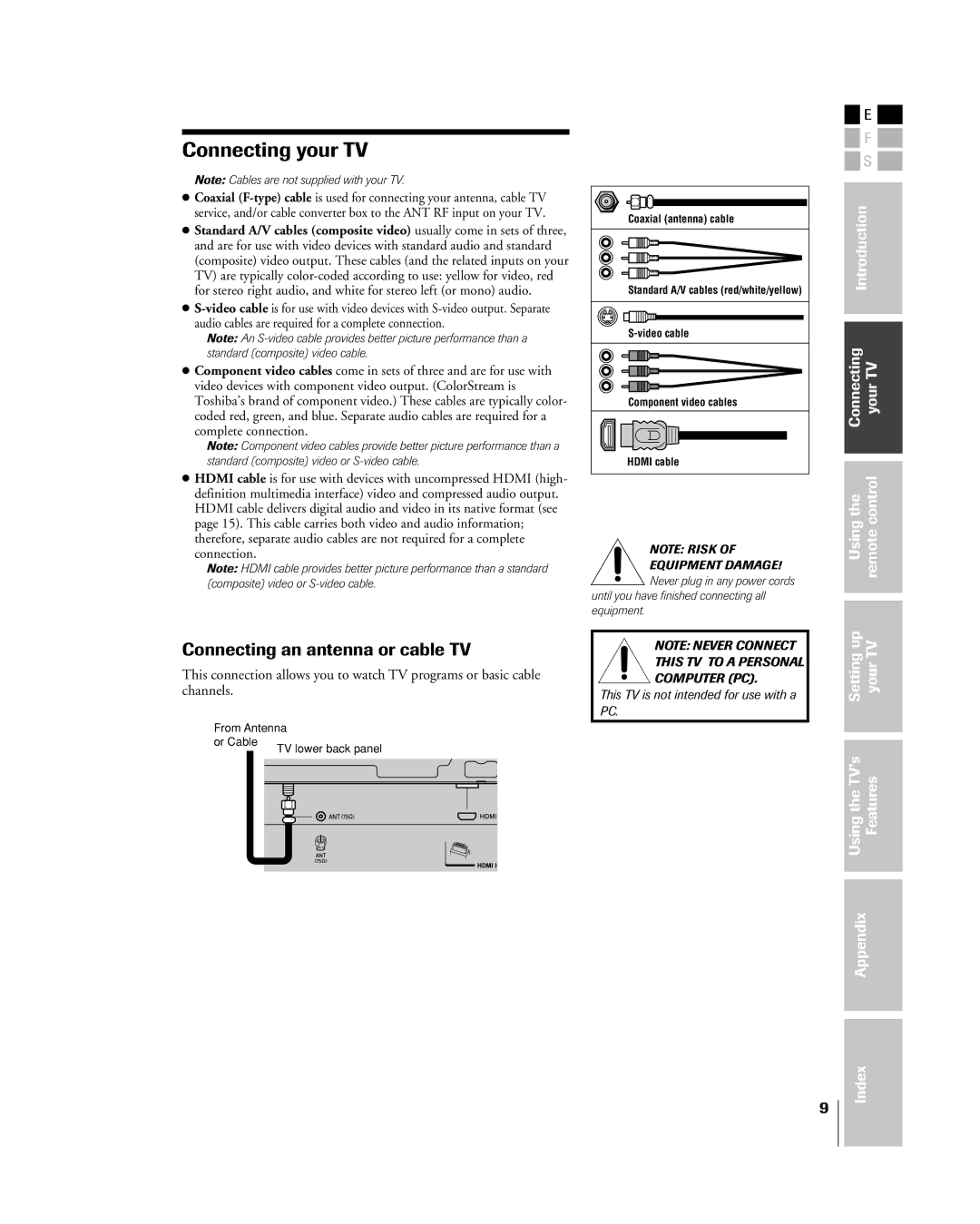 Toshiba 32HL85 owner manual Connecting your TV, Connecting an antenna or cable TV, Channels 