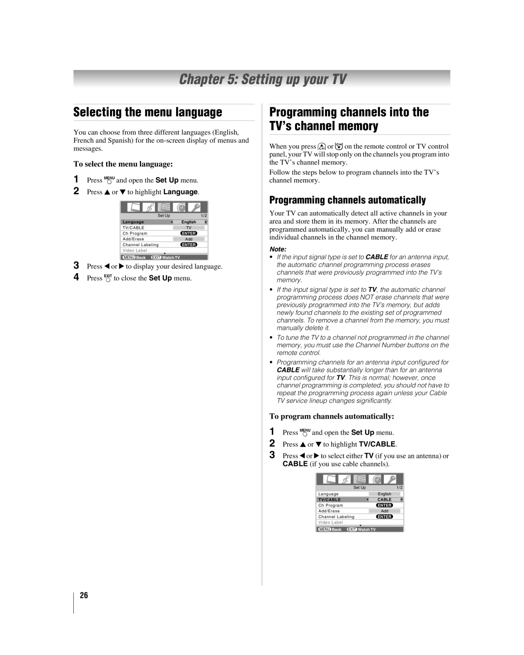 Toshiba 26HL86, 32HL86, 37HL86 manual Setting up your TV, Selecting the menu language, Programming channels automatically 