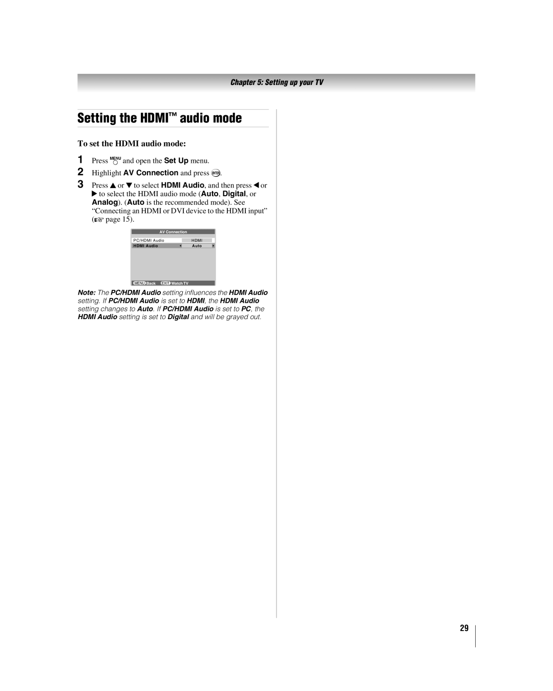 Toshiba 26HL86, 32HL86, 37HL86 manual Setting the Hdmi audio mode, To set the Hdmi audio mode 