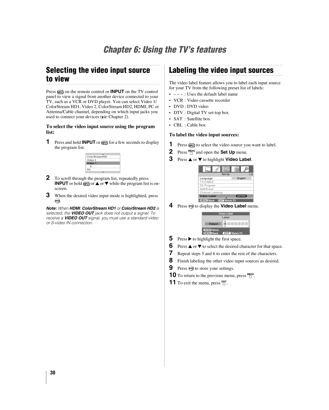 Toshiba 32HL86, 37HL86 Using the TV’s features, Selecting the video input source to view, Labeling the video input sources 